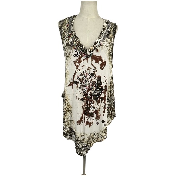 Alberto Makali Tops - ALBERTO MAKALI Sleeveless V Neck Asymmetrical‎ Embellished Leopard Tunic Top XL